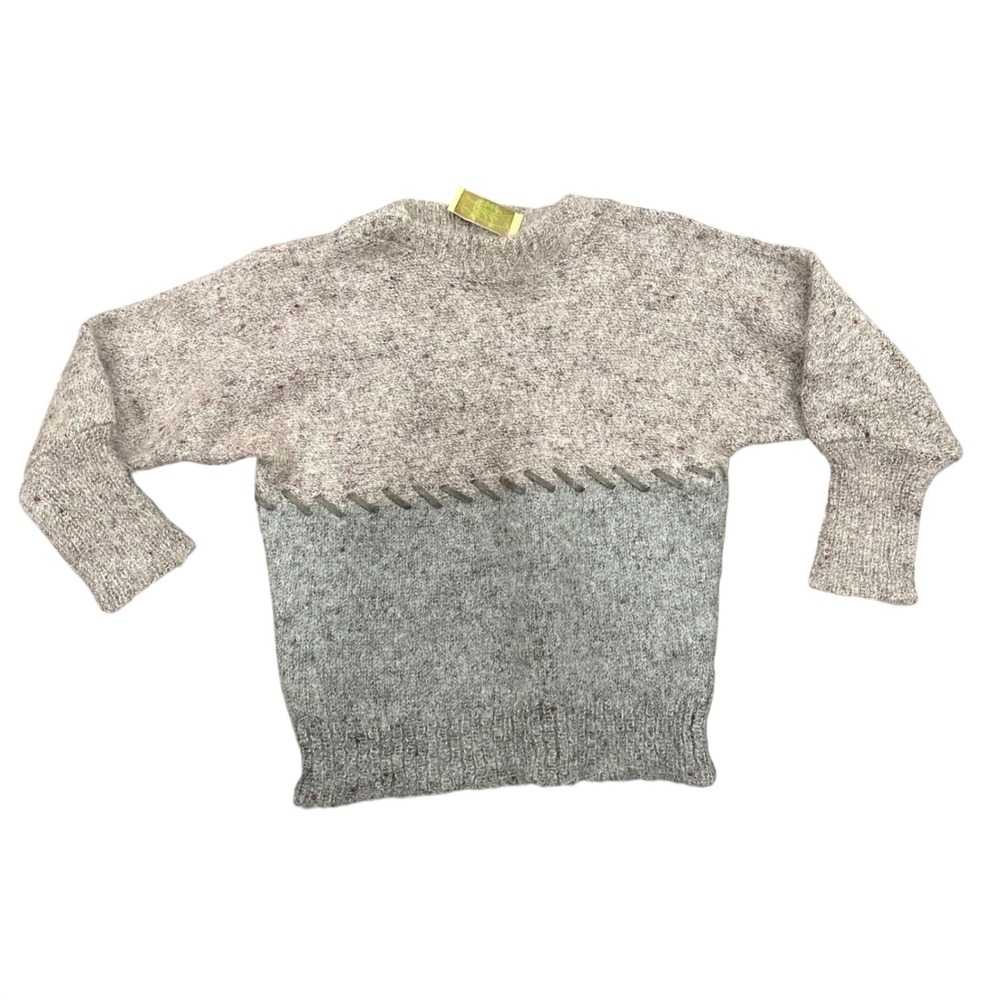 Eli Mohair Wool Silk Blend Grey Colorblock Leather Whipstitch Sweater Womens